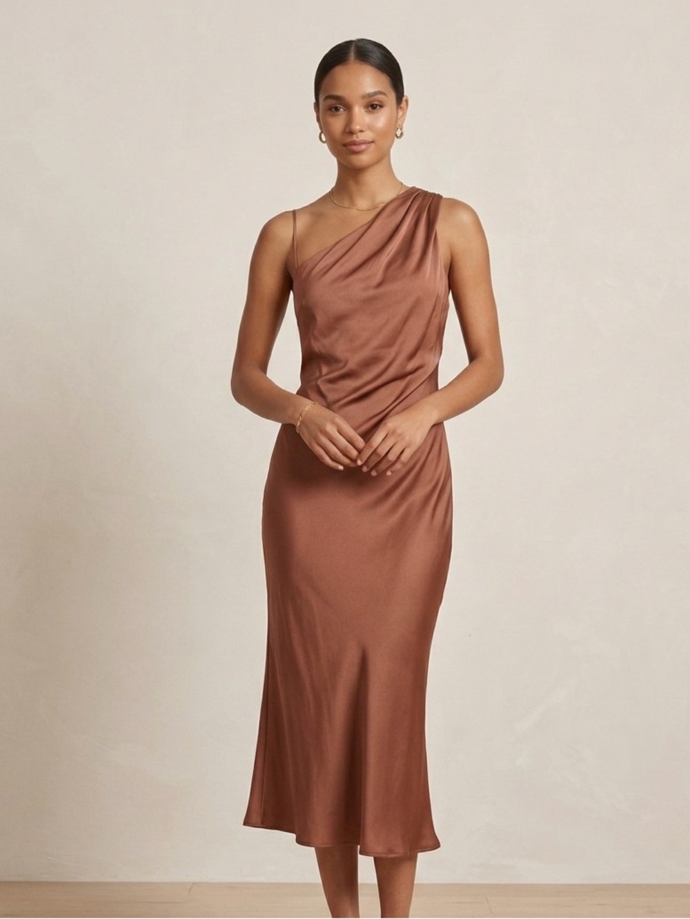 BHLDN Sz 6 One Shoulder Satin Light Marroon Midi Wedding Evening Dress